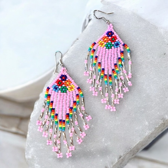 Pink and Silver Beaded Chandelier Earrings Pink Pony Club inspired - Picture 3 of 16